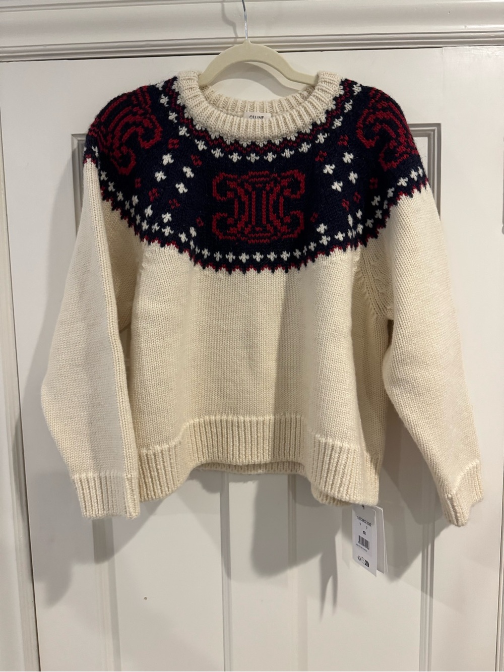 Celine Cream Fair Isle Crewneck Sweater with Navy & Red Yoke